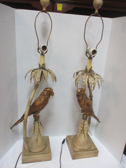 Hollywood Regency Style Tropical Motif Parrot Lamps (PR): 38"