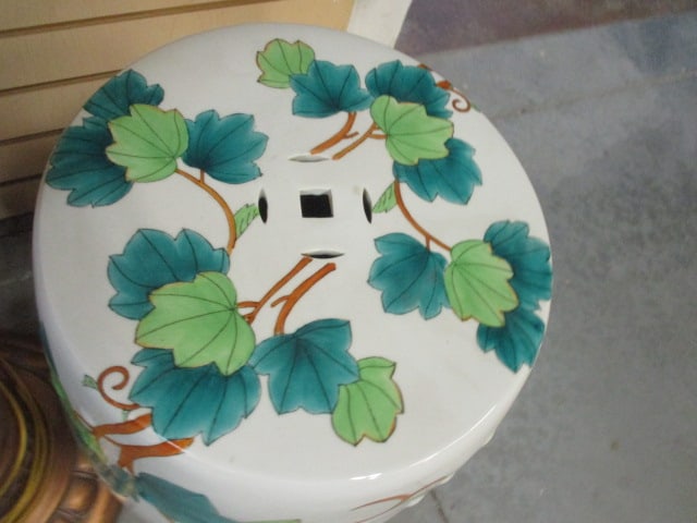 White Ceramic Garden Stool w/Leaf Pattern - 2