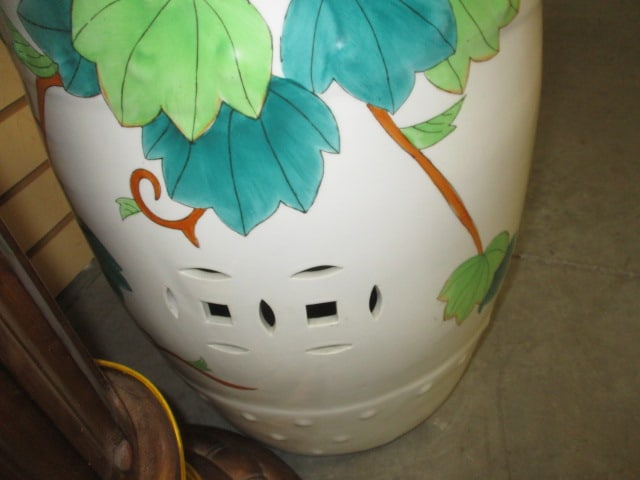 White Ceramic Garden Stool w/Leaf Pattern - 3