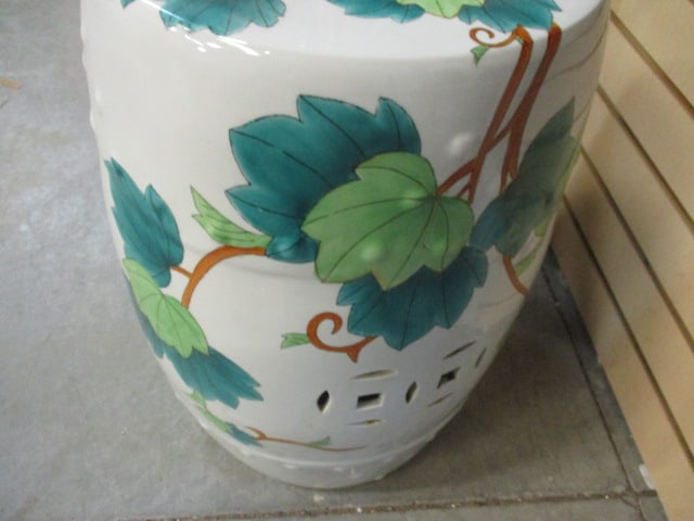 White Ceramic Garden Stool w/Leaf Pattern - 4