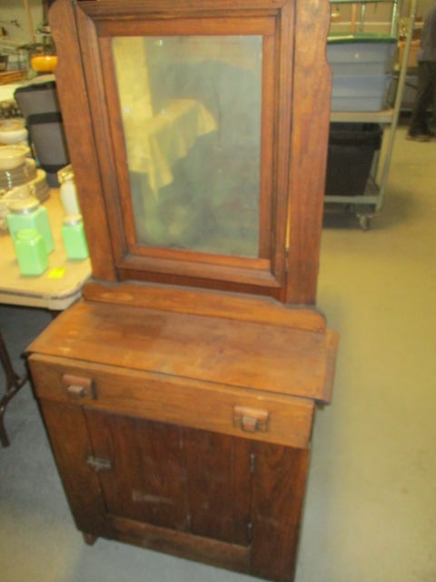 Wood Washstand w/Attached Upright Mirror: 27 x 11 x 55
