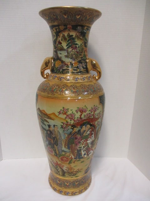 Satsuma Hand Decorated Floor Vase w/Black & Gold Moriage: Gilding & Elephant Head Handles 24"