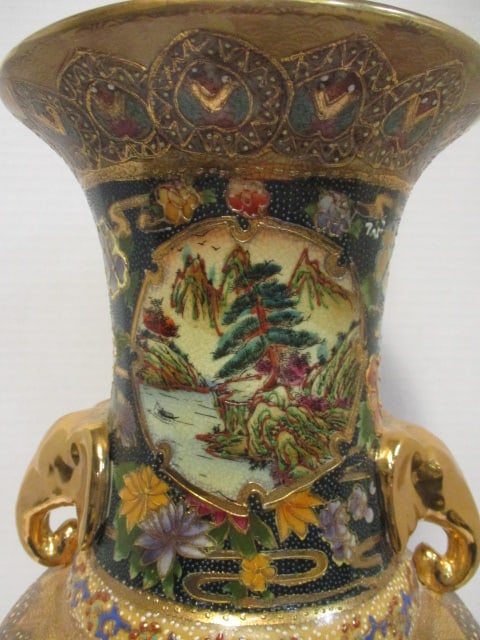 Satsuma Hand Decorated Floor Vase w/Black & Gold Moriage - 6