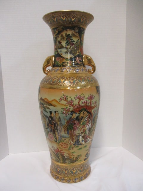 Satsuma Hand Decorated Floor Vase w/Black & Gold Moriage: Gilding & Elephant Head Handles 24"