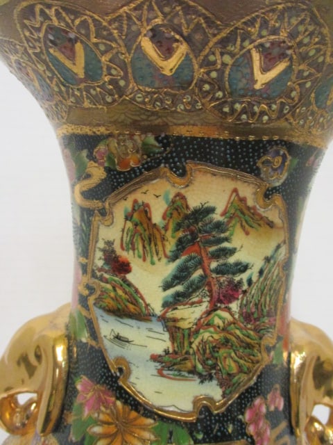 Satsuma Hand Decorated Floor Vase w/Black & Gold Moriage - 7