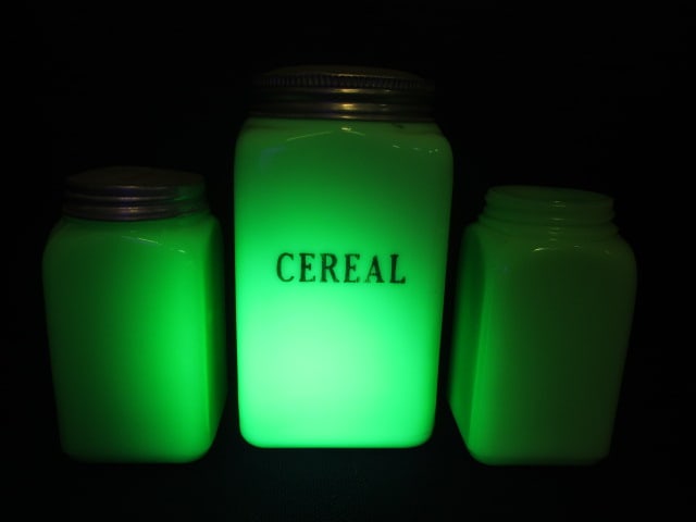 Uranium Glass 4" Salt/Pepper, & 6" Cereal Canister (1 of 5)