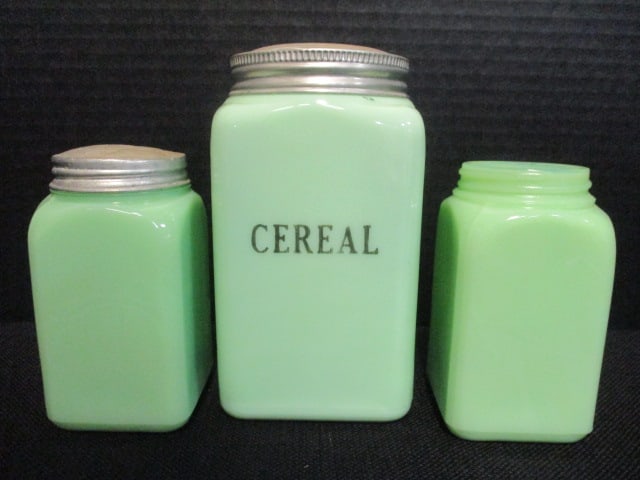Uranium Glass 4" Salt/Pepper, & 6" Cereal Canister - 2