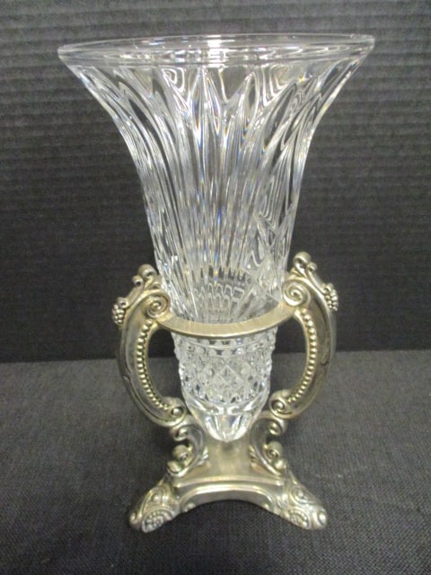 Crystal Vase w/Ornate Silverplate Stand: 11"