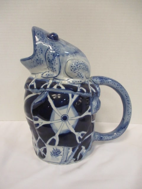 Blue & White Ceramic Majolica Whimsical Frog Pitcher: 11"
