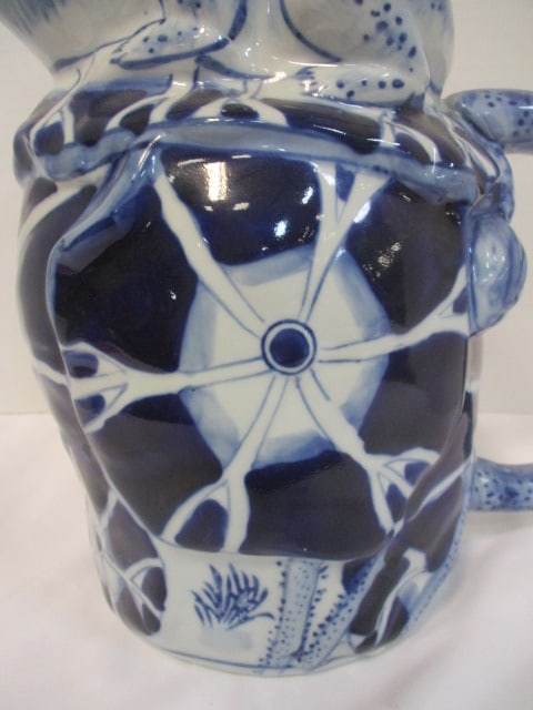 Blue & White Ceramic Majolica Whimsical Frog Pitcher - 2