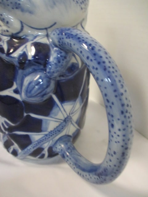 Blue & White Ceramic Majolica Whimsical Frog Pitcher - 3