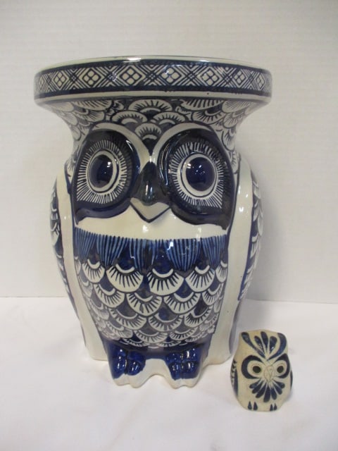 Mexican Folk Art Owl Figurine 2 1/2" & 10" Blue/White Owl Chinoiserie Plant Stand: .
