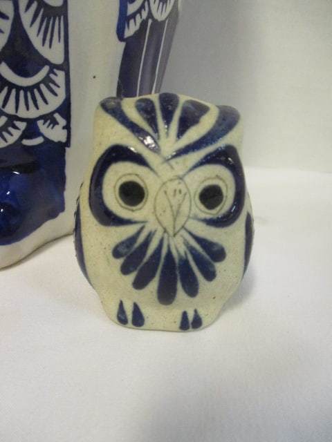 Mexican Folk Art Owl Figurine 2 1/2" & 10" Blue/White Owl Chinoiserie Plant Stand - 2