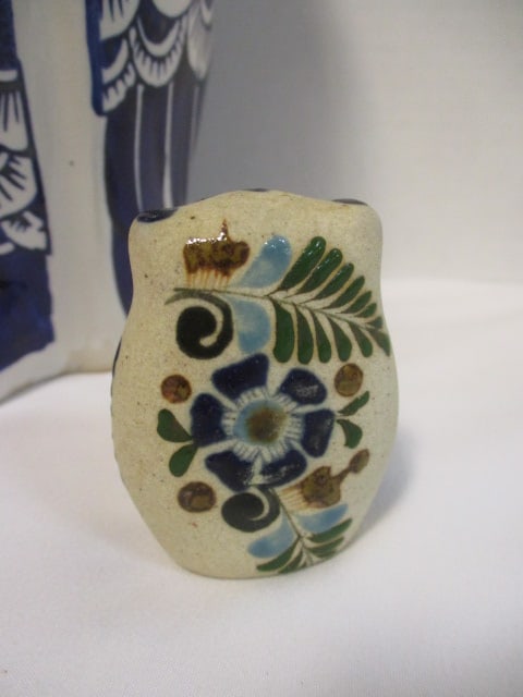 Mexican Folk Art Owl Figurine 2 1/2" & 10" Blue/White Owl Chinoiserie Plant Stand - 3