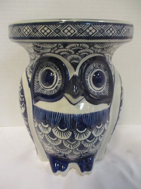 Mexican Folk Art Owl Figurine 2 1/2" & 10" Blue/White Owl Chinoiserie Plant Stand - 5