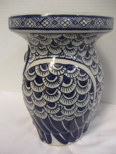 Mexican Folk Art Owl Figurine 2 1/2" & 10" Blue/White Owl Chinoiserie Plant Stand - 7