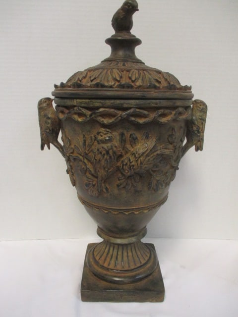 Distressed Finish Lidden urn w/Bird Handles & Bird on Lid: .