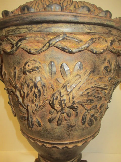 Distressed Finish Lidden urn w/Bird Handles & Bird on Lid - 3