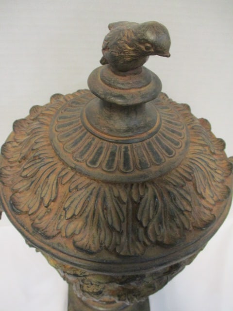 Distressed Finish Lidden urn w/Bird Handles & Bird on Lid - 4