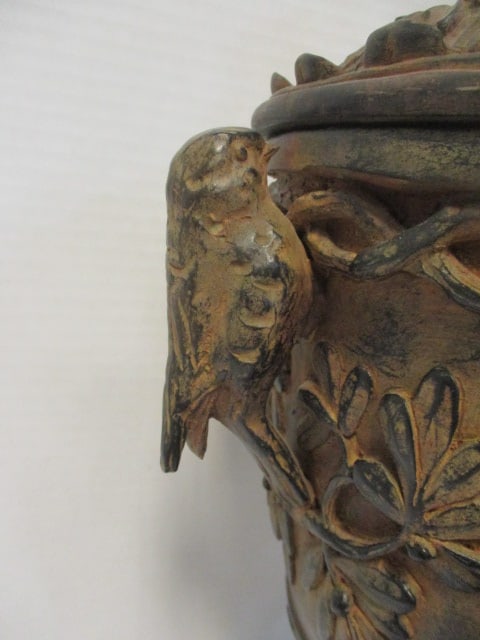 Distressed Finish Lidden urn w/Bird Handles & Bird on Lid - 5