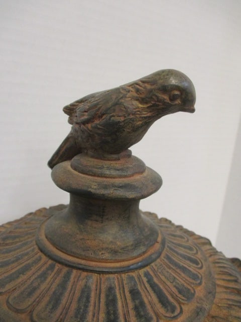 Distressed Finish Lidden urn w/Bird Handles & Bird on Lid - 6