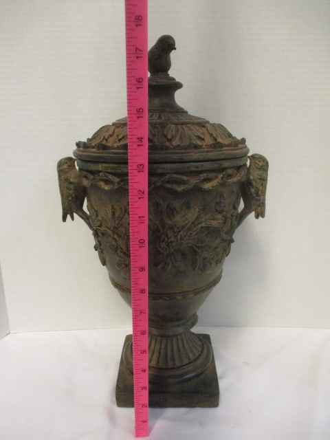 Distressed Finish Lidden urn w/Bird Handles & Bird on Lid - 7