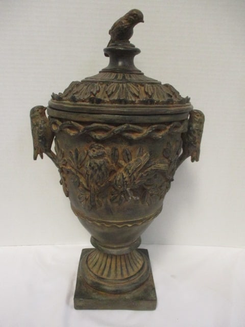 Distressed Finish Lidden urn w/Bird Handles & Bird on Lid: .