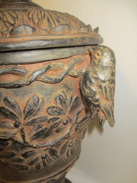 Distressed Finish Lidden urn w/Bird Handles & Bird on Lid - 4