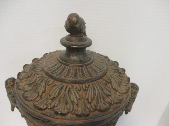 Distressed Finish Lidden urn w/Bird Handles & Bird on Lid - 7