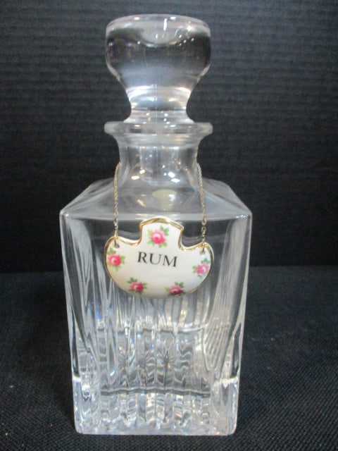 Square Pressed Glass Whiskey Decanter w/Rum Label: 9"