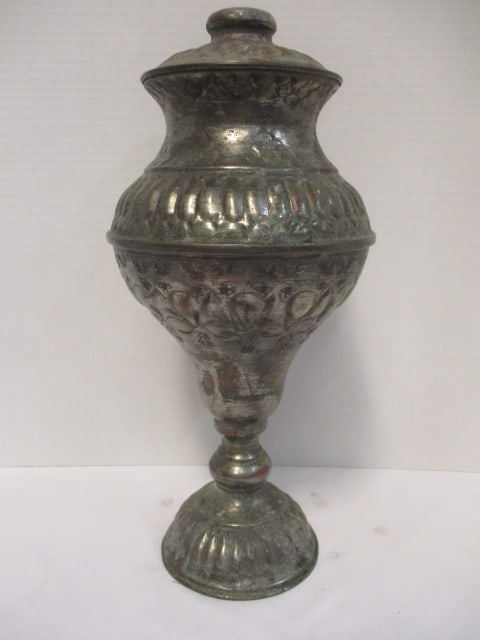 Morracan Style Lidded Ceremonial Metal Vessel: 16"