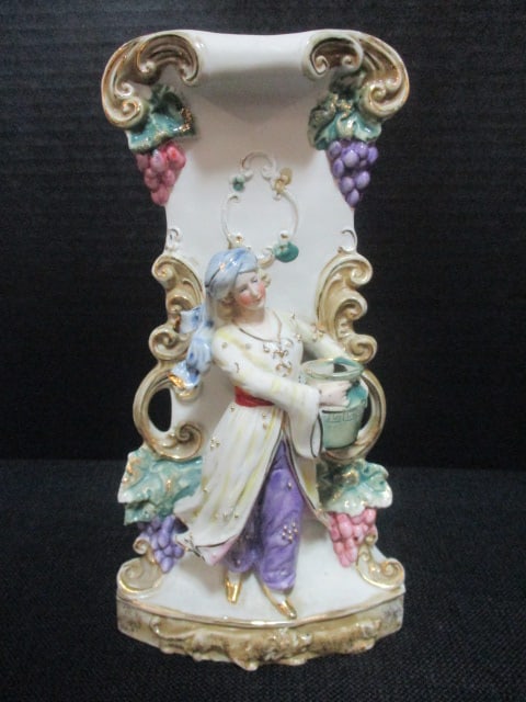 Antique German Handpainted Porcelain Figural Vase: 10"