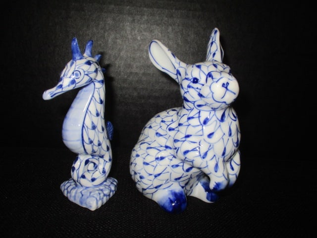 Handpainted Blue Fishnet Rabbit & Seahorse Figurines: 5"