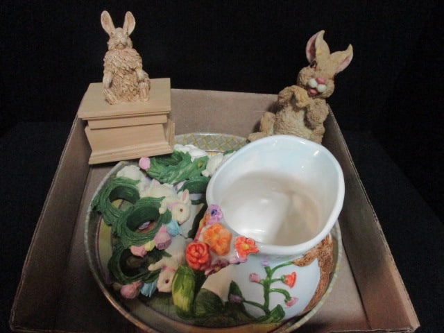 Rabbit Grouping-Pitcher, Napkin Rings, Trinket Box, Metal Tray: .