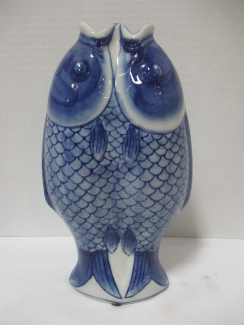 Porcelain 'Kissing Koi' Vase Blue & White: 10"