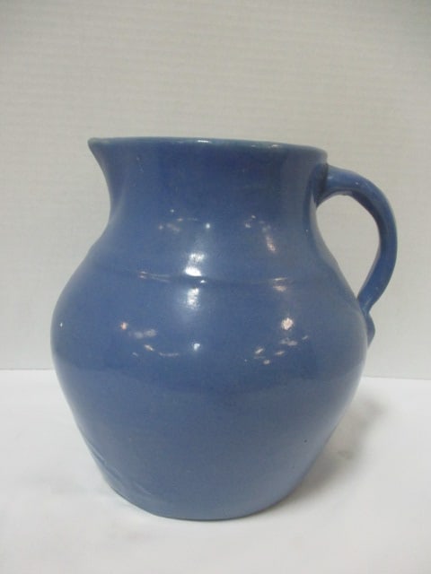 Vtg. Blue Glazed Stoneware Art Pottery Pitcher: 9"