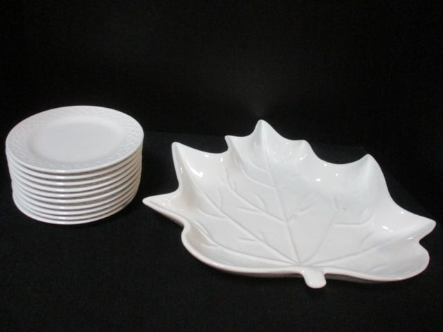 White Ceramic Leaf Shap Platter 14 x 14 & White Trellis Plates: Plates are Phillippe Richard