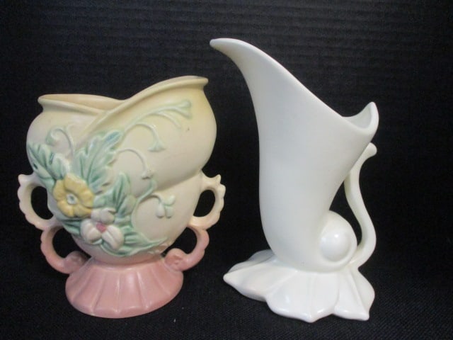 Red Wing Pottery Cornucopia 7 1/2" Vase, Hull 6 1/2" Vase: Hull vase has a chip on bottom
