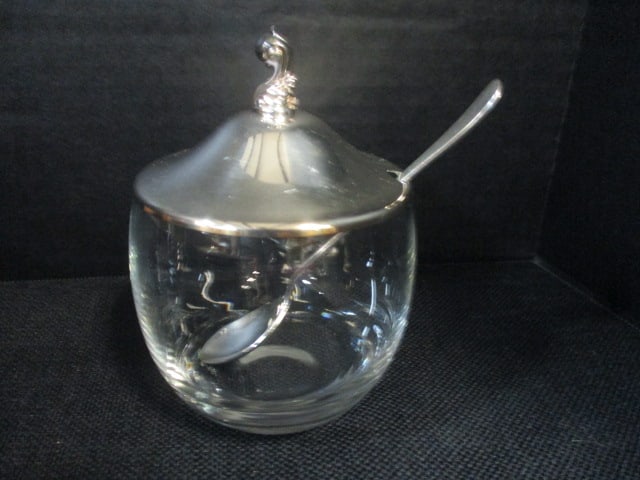 Silverplate Sugar Scuttle, 2 Jam Jars, Shell Gravy Boat, Trivet - 11