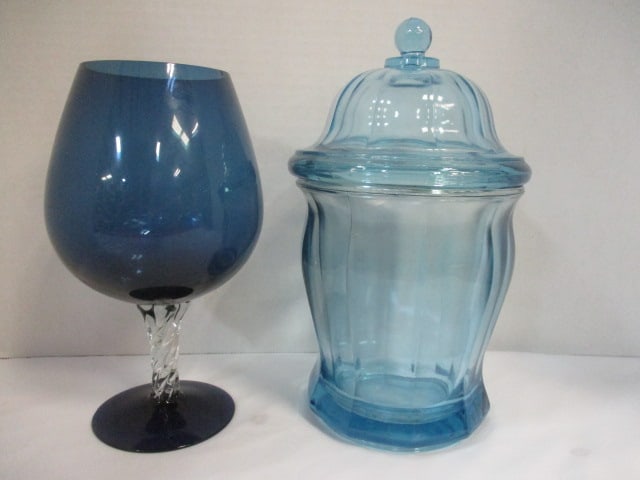 Blue & Clear Crystal 9" Goblet, Blue Glass Ginger Jar: .