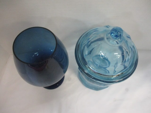 Blue & Clear Crystal 9" Goblet, Blue Glass Ginger Jar - 2