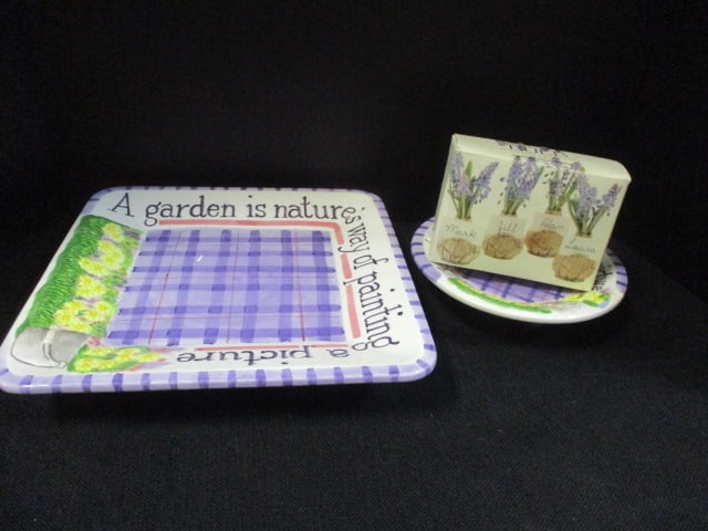 Footed Garden Design Platter, Plate & Two's Co. Card holders: .