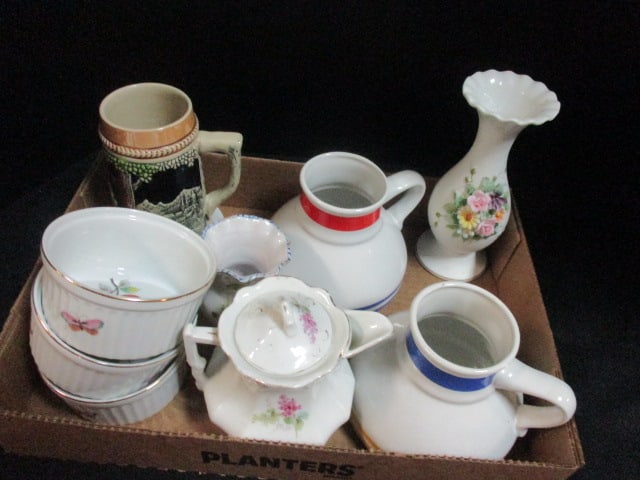 Vase w/Applied Flowers 7", 3 Ramikins, Creamer, Stein, etc.: see all pictures