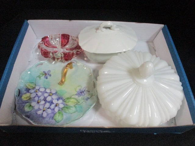 Johnson Bros. Lidded Dish, Milkglass Dish, Art Glass Ashtray, etc.: see all pictures