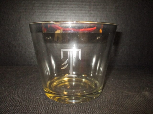 Silver Rim Crystal Ice Bucket w/T Monogram: 6" Diameter x 5" H