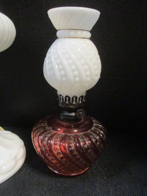 Hobnail Pattern 8 1/2" Oil Lamp, Milkglass 13" Oil Lamp - 2