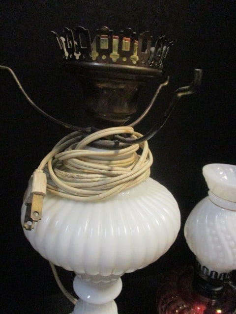 Hobnail Pattern 8 1/2" Oil Lamp, Milkglass 13" Oil Lamp - 5