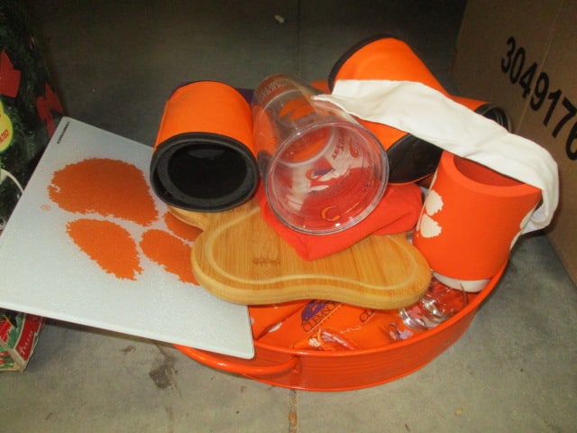 Clemson Grouping-Drink Cups, Koozies, Cutting Boards, Apron, Tray, etc.: .