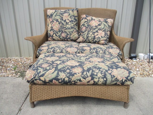 Lloyd Loom Woven Resing Indoor/Outdoor Flared Arm Loveseat and Matching Ottoman: Both have removable cushions, Loveseat 62" long, ottoman 39" x 26" x 16", cushions have some UV light fading and weathering, Local Pickup Only