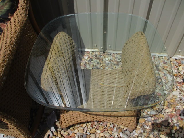 Lloyd Loom Woven Resing Indoor/Outdoor Flared Arm Rocker and Glass Top Side Table - 11